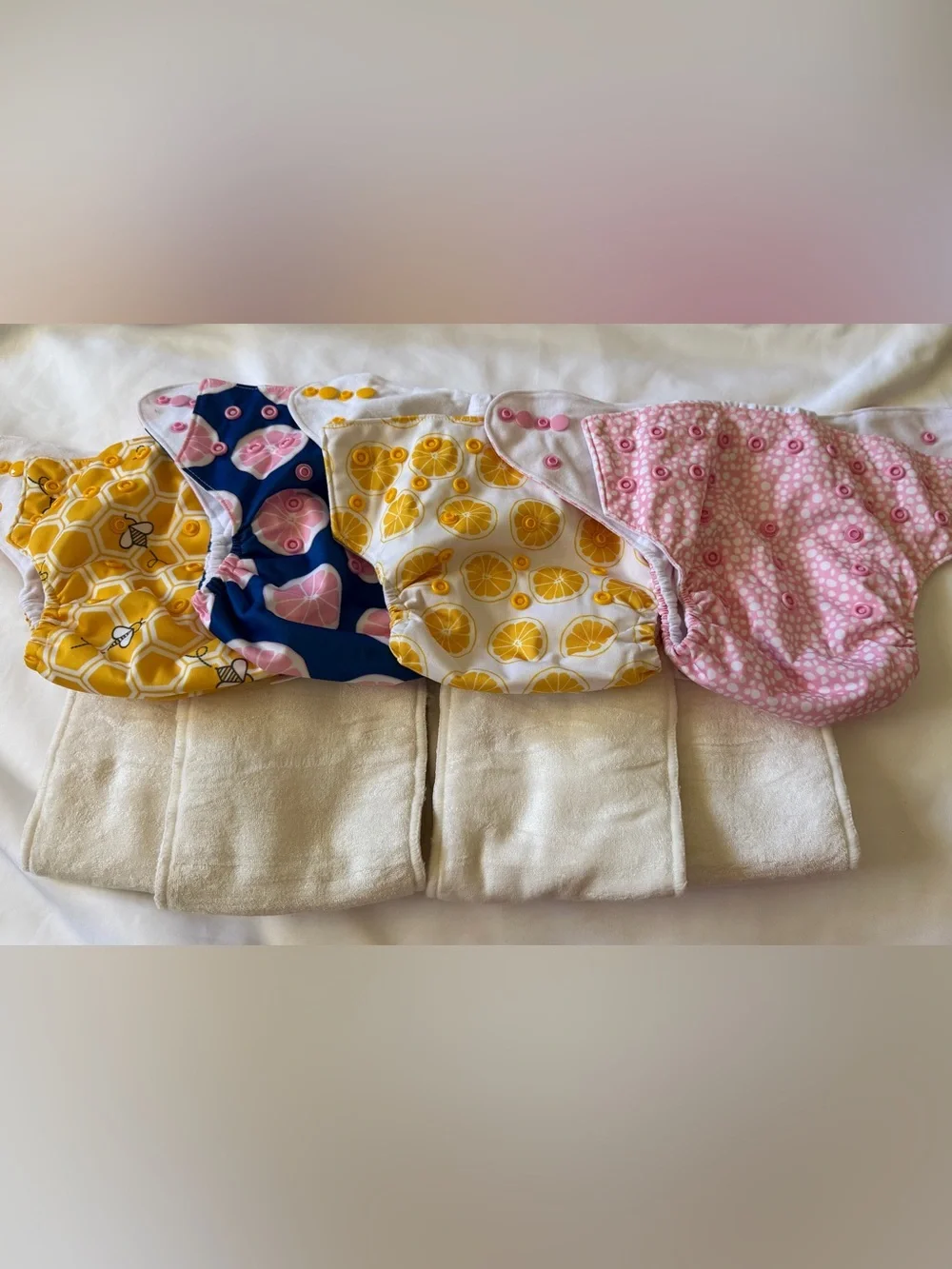 Nora’s Nursery cloth diapers lot 4 (pocket shells + bamboo inserts) Citrus bee